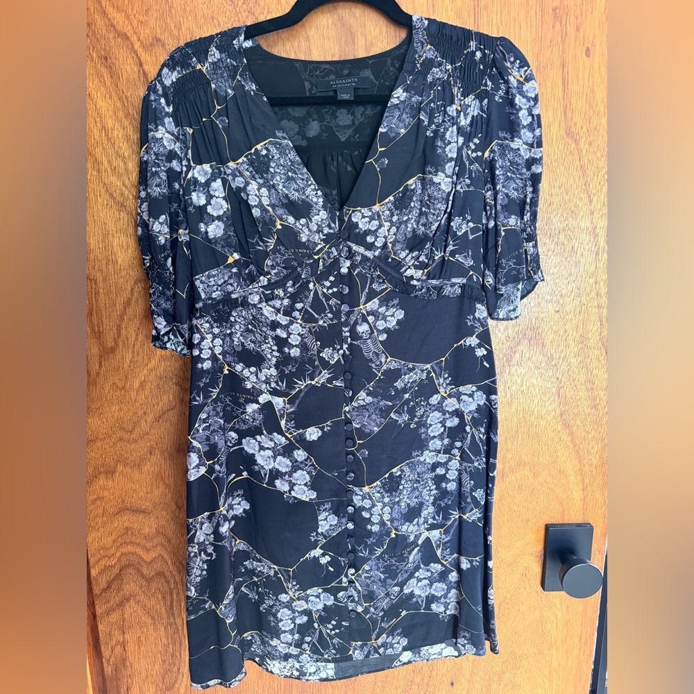 All Saints Black Floral & Skeleton Satin Demi Buruberu Dress